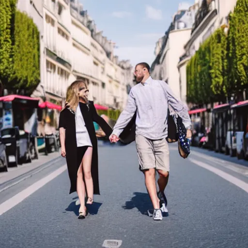 Image similar to fashionable couple walking down a street in paris, warm summer day