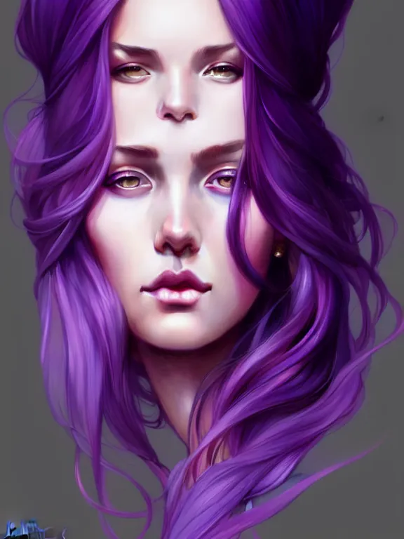 Image similar to Purple hair, creative colouring Portrait of woman, fashion, intricate, elegant, highly detailed, digital painting, artstation, concept art, smooth, sharp focus, illustration, art by artgerm and greg rutkowski and alphonse mucha