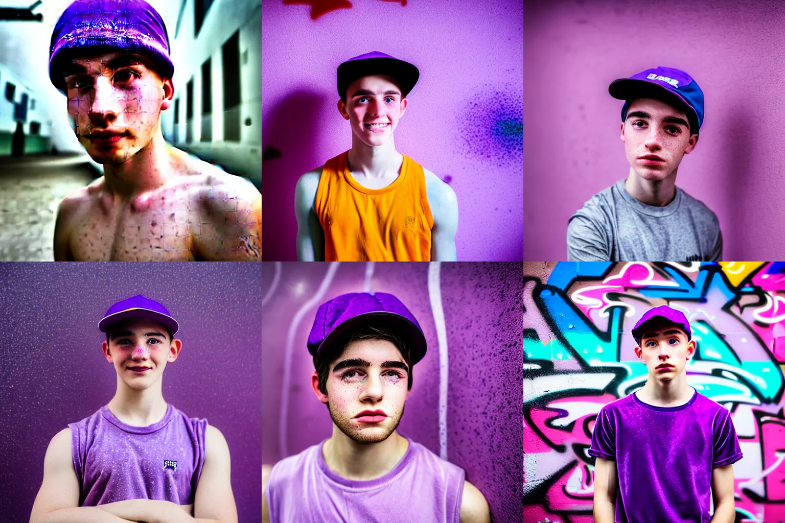 Prompt: portrait of a boy ( university student ) with light freckles wearing a violet velour basecap and tanktop, looking shyly into the camera for a cover of a gay print magazine, f 1. 4, award winning photograph, experimental lighting, soft focus, city + graffiti background, light drizzling rain