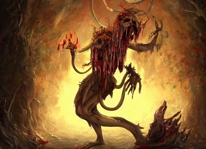 Image similar to a macabre demon casts a gruesome enchantment across a land of fertility and wealth, diminishing the land's value and robustness, trending on artstation, digital art, award winning