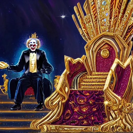 Prompt: shining giant throne made of millions of diamonds, gold and sapphires with thousands of light reflections, and a clown on a tuxedo suit is sitting on the throne while handing an earth model, dramatic light, digital painting, ultradetailed, artstation, oil painting