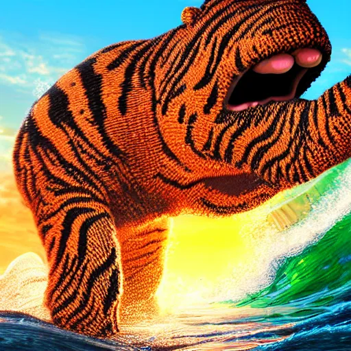 Image similar to a closeup photorealistic photograph of a cute smiling knitted tiger hippopotamus riding a wave at sunset. surf in background. professional capture. brightly lit scene. this 4 k hd image is trending on artstation, featured on behance, well - rendered, extra crisp, features intricate detail, epic composition and the style of unreal engine.