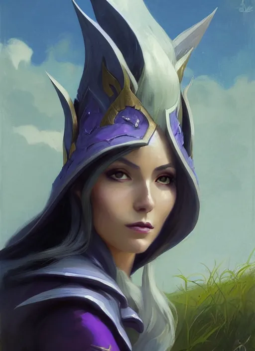 Image similar to portrait of mage Syndra from League of Legends practicing wild magic, countryside, calm, fantasy character portrait, dynamic pose, above view, sunny day, thunder clouds in the sky, artwork by Jeremy Lipkin and Giuseppe Dangelico Pino and Michael Garmash and Rob Rey, very coherent asymmetrical artwork, sharp edges, perfect face, simple form, 100mm