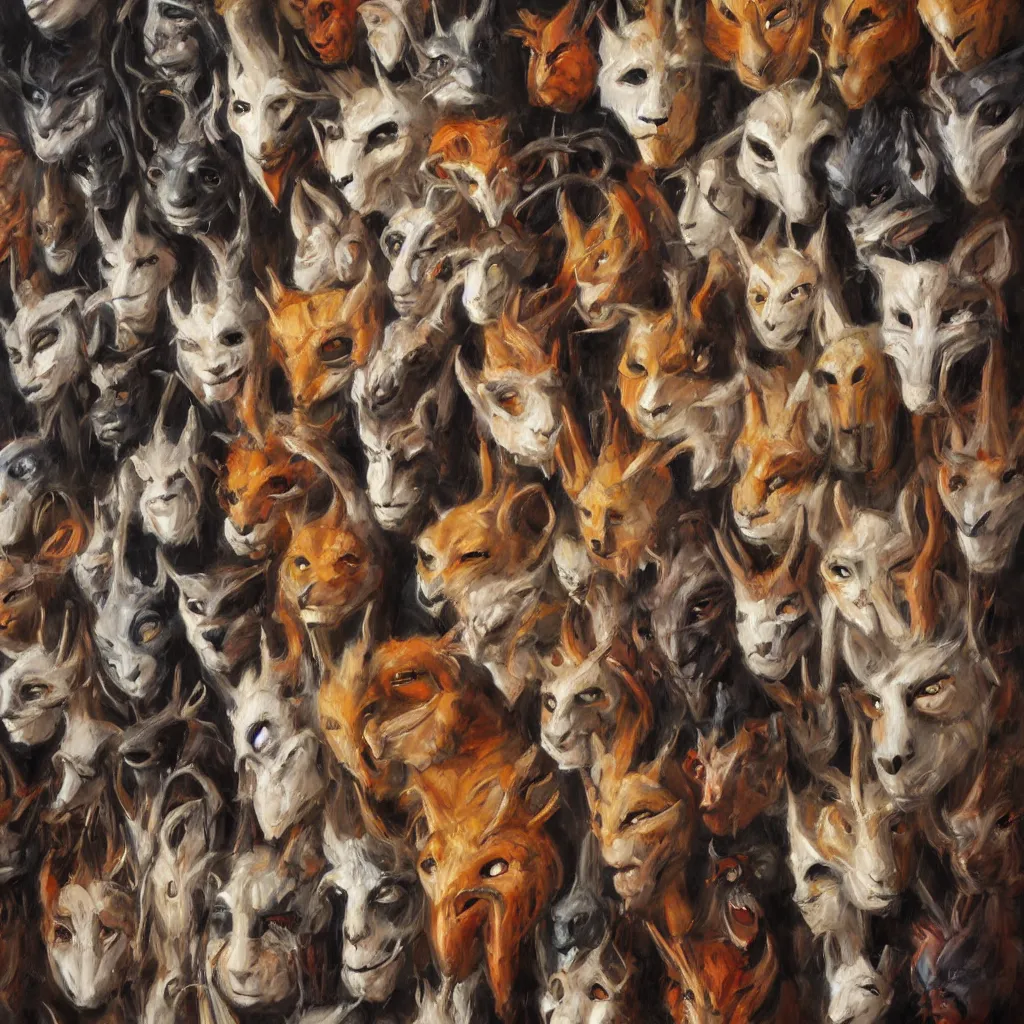 Image similar to a painting of a collection of animal masks hanging on a wall, by julie bell, detailed, concept art, trending on artstation, low light, dramatic