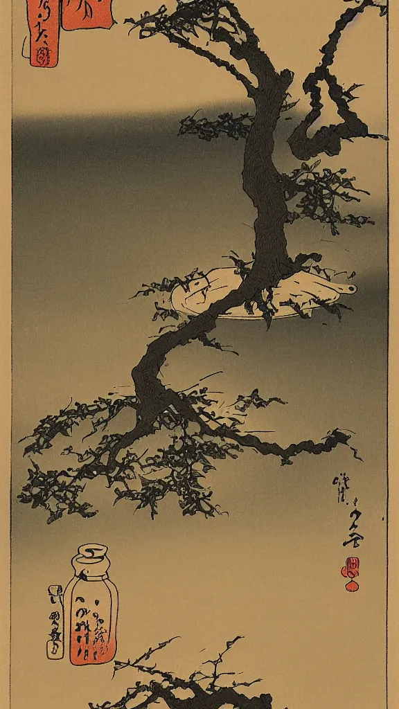 Image similar to an empty light bulb with a bonsai tree inside of it. Shin-hanga, ukiyo-e banner