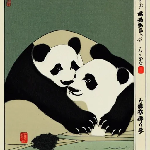 Prompt: a panda and moose kissing, shunga style, ukiyo - e art, artstation