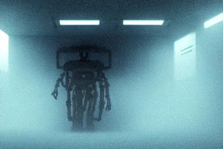 Prompt: extremely detailed cinematic movie still 3 0 7 7 foggy portrait shot of a robot in an endless data centre by denis villeneuve, wayne barlowe, simon birch, philippe druillet, beeple, volumetric sunlight from small windows