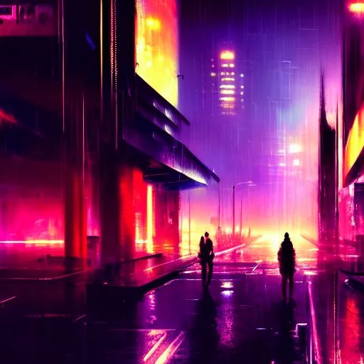 Image similar to photo of a rundown futuristic city scene at night with neon lights, raining, sci fi splash art by craig mullins, greg rutkowski