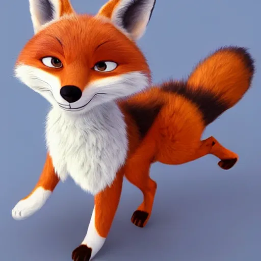 Image similar to full body shot of a anthropomorphic female fox with short white fur covering her body in the style of zootopia, far shot, top down view
