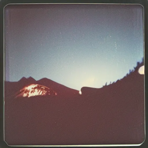 Image similar to a ufo flying over a mountain at night, distant!!, historical photo, old polaroid, expired film,