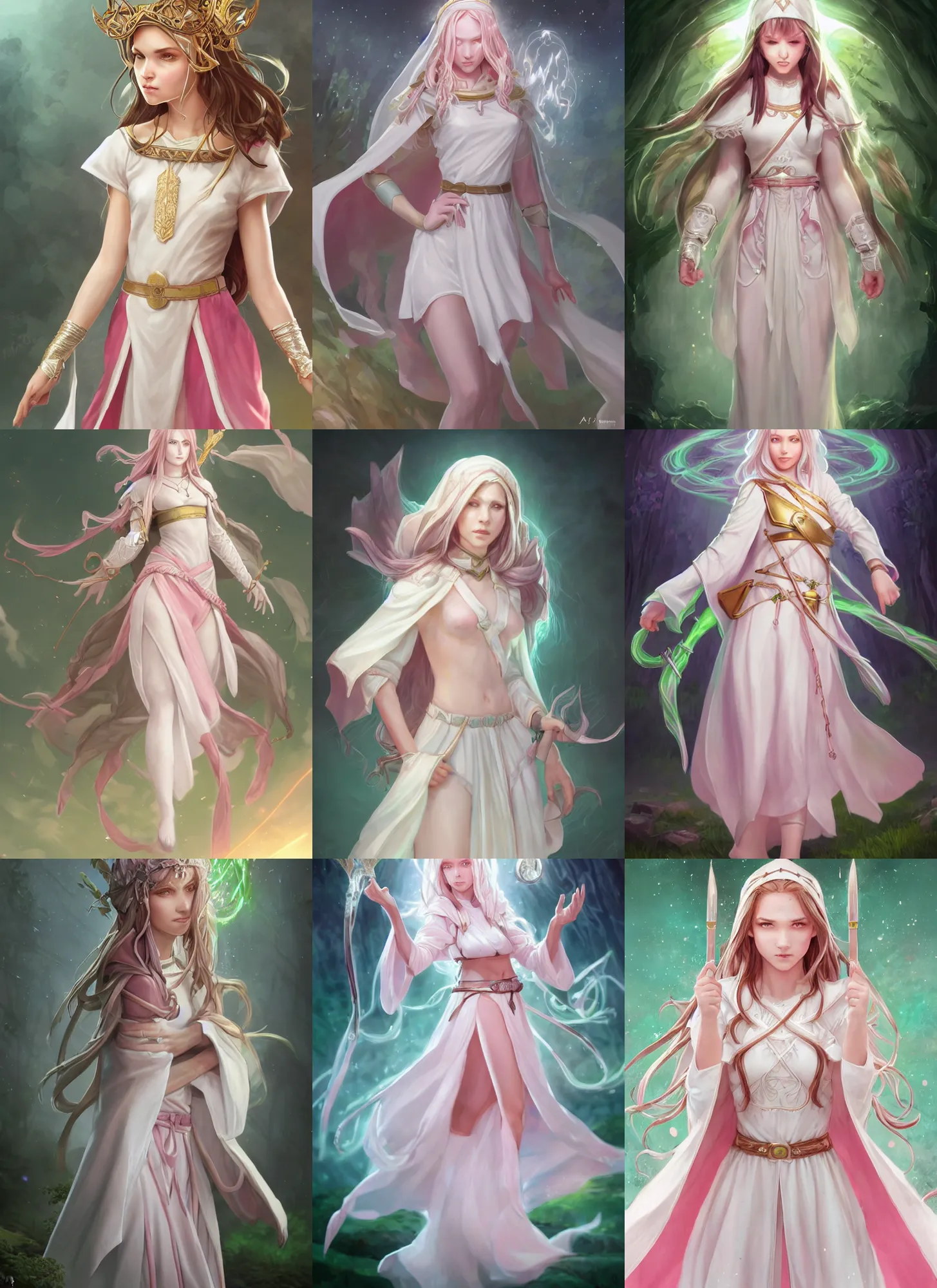 Image similar to full body portrait of a cleric, female, young, cute, white robes, pink clothes, holy, simplistic, circlet, spirits, brunette, white skin, heterochromia yellow and green, high fantasy, extremely detailed, smooth, sharp focus, digital illustration, by artgerm, rossdraws, wlop, collectible card art