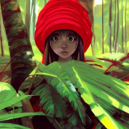 Prompt: a christopher balaskas of reimu in the jungle wearing bonnet