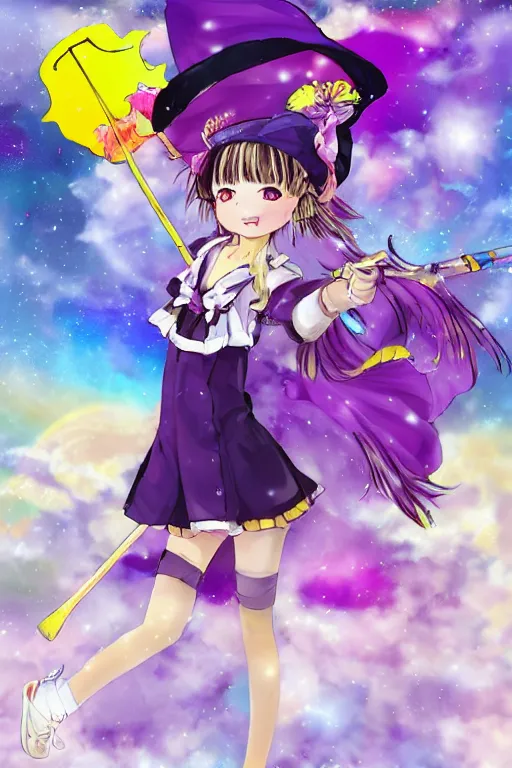 Prompt: A character sheet with a dramatic pose of an anime magical girl holding a paintbrush with short blond hair and freckles wearing an oversized purple Beret, Purple overall shorts, jester shoes, a long yellow scarf, and white leggings covered in stars. Surrounded by clouds and the night sky. Rainbow accents on outfit. Card captor Sakura inspired. By Naoko Takeuchi. By CLAMP. By WLOP.