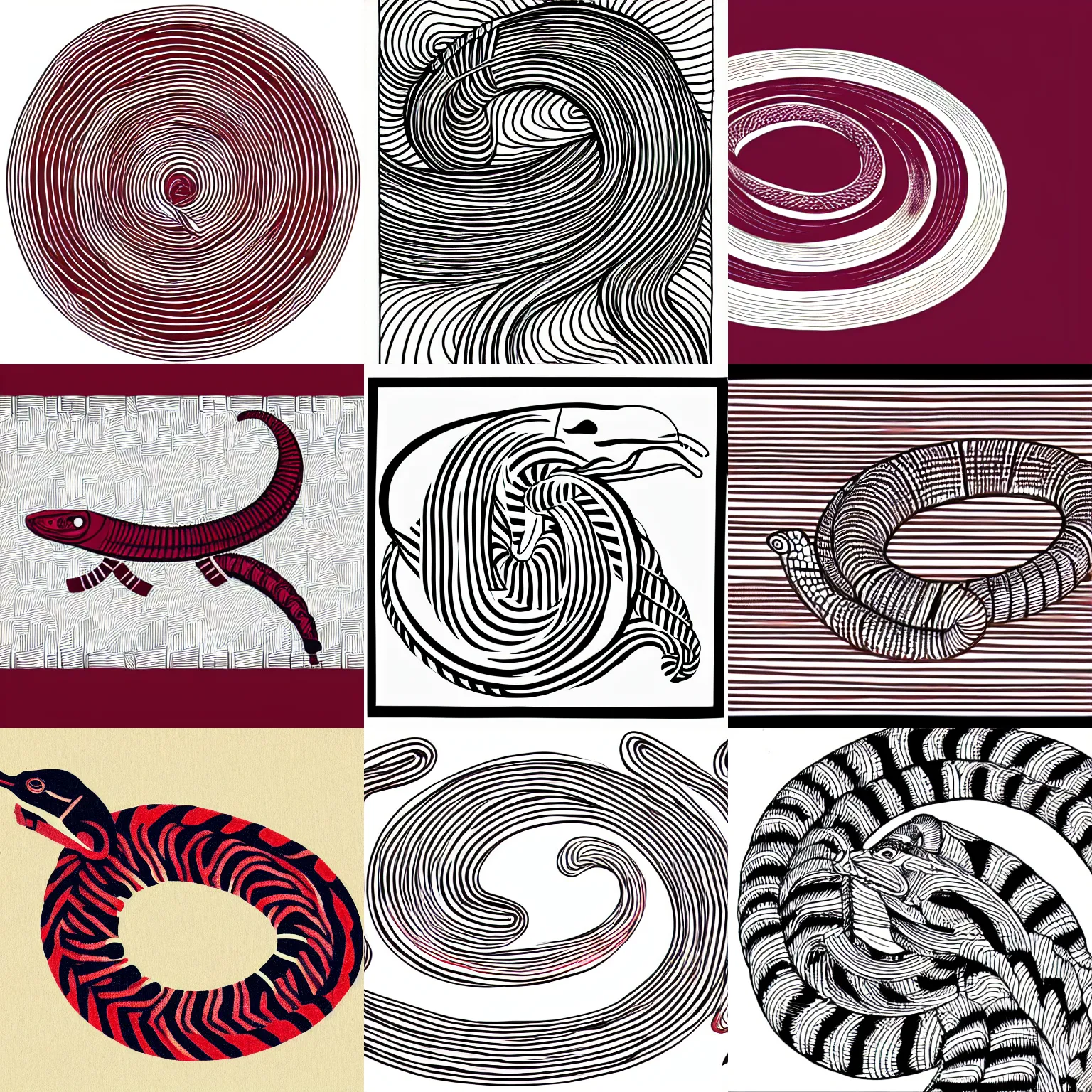 Prompt: A coiled Cobra, mascot, maroon and white, line art, perfect lines, no text