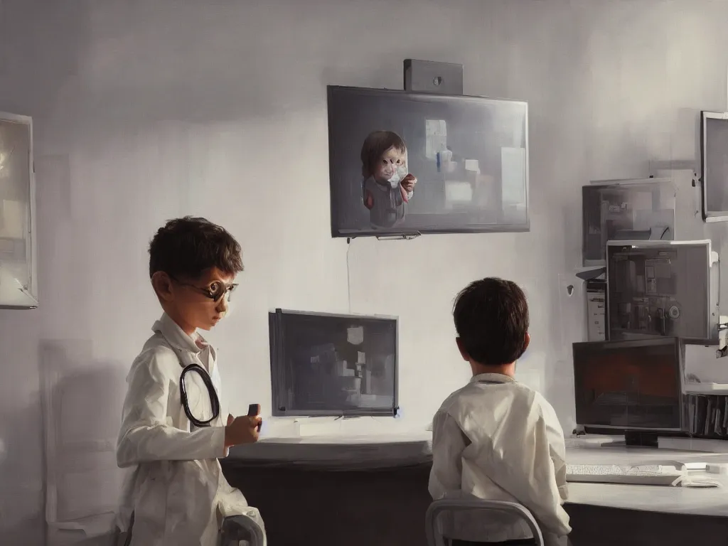 Image similar to a portrait of single smart child in a white coat in front of a computer and screens in a painting from stalenhag, 4 k, 8 k, hdr, artstation