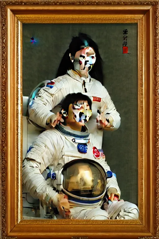 Prompt: portrait of a astronaut in astronaut closed helmet, chinese meticulous painting, by bouguereau