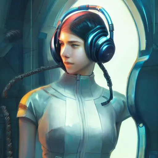 Image similar to cyberpunk girl with headset, with techware, intricate, elegant, highly detailed, digital painting, japanese, unreal engine 5, trending on artstation, concept art, studio ghibli, illustration, art by artgerm and greg rutkowski and alphonse mucha