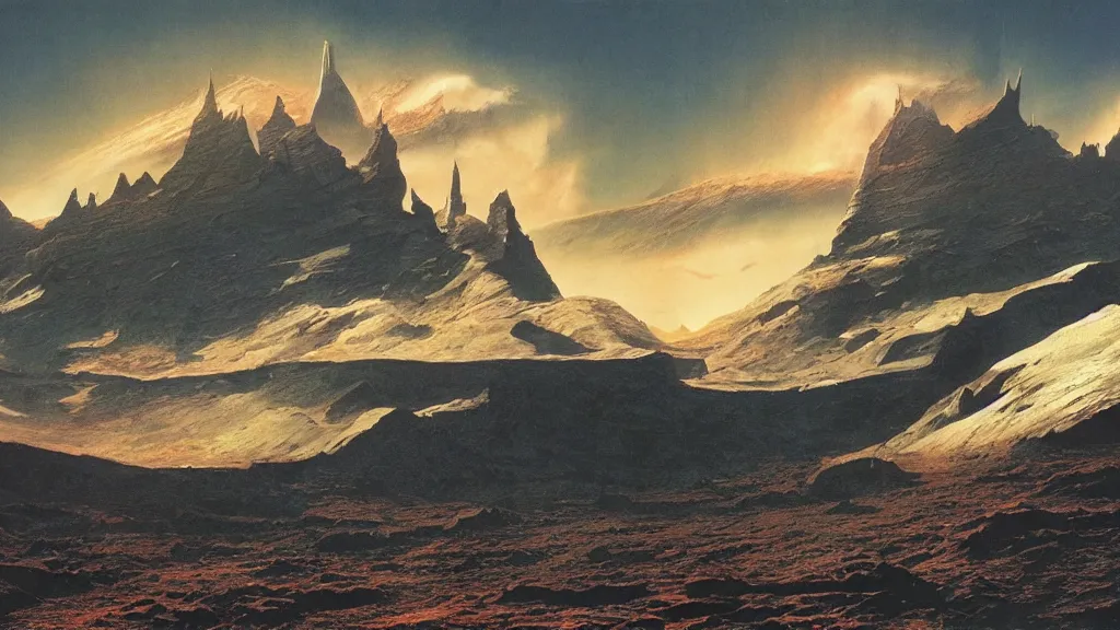 Image similar to emissary space by arthur haas and bruce pennington and john schoenherr, cinematic matte painting, photo realism, dark color palate, mountainscape