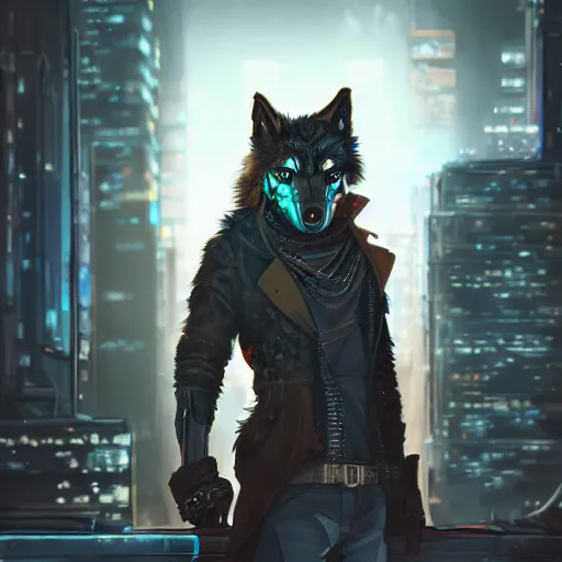 Image similar to A Wolf Scoundrel, Furry, Cyberpunk, digital art, award winning, artstation, masterpiece, very detailed,