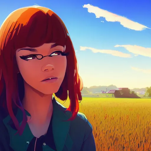 Image similar to portrait of zendaya, farm field background, rich vivid colors, ambient lighting, dynamic lighting, 4k, HQ, official media, anime key visual, makoto shinkai, ilya kuvshinov, lois van baarle, rossdraws, detailed, trending on artstation