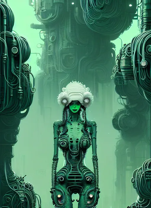 Prompt: highly detailed portrait of a biopunk long curly white hair tribal lady, stray wiring by atey ghailan, james gilleard, by joe fenton, by greg rutkowski, by greg tocchini, by kaethe butcher, 4 k resolution, gradient green, black and white color scheme!!! ( ( green slime robotic dystopian city background ) )