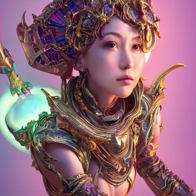 Image similar to studio portrait of lawful good colorful female divine mech paladin as absurdly beautiful, elegant, young sensual gravure idol, ultrafine hyperrealistic detailed face illustration by kim jung gi, irakli nadar, intricate linework, sharp focus, bright colors, matte, octopath traveler, final fantasy, unreal engine highly rendered, global illumination, radiant light, intricate environment