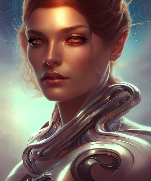 Image similar to futuristic woman portrait, sci-fi, amber eyes, face, long hair, fantasy, intricate, elegant, highly detailed, digital painting, artstation, concept art, smooth, sharp focus, illustration, art by artgerm and greg rutkowski and alphonse mucha