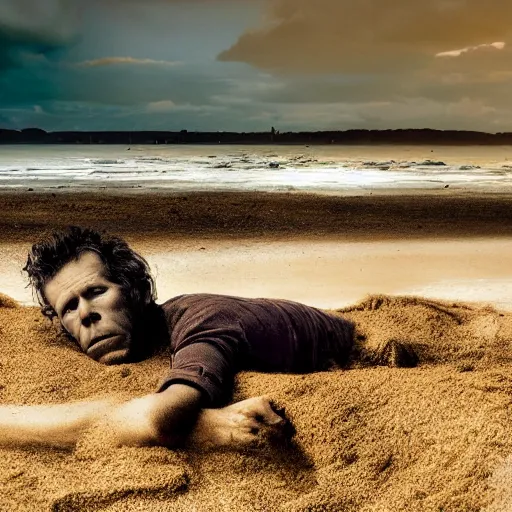 Prompt: tom waits buried in the sand up to his head with the tide approaching quickly, gorgeous image, professional photograph, great lighting, 4 k