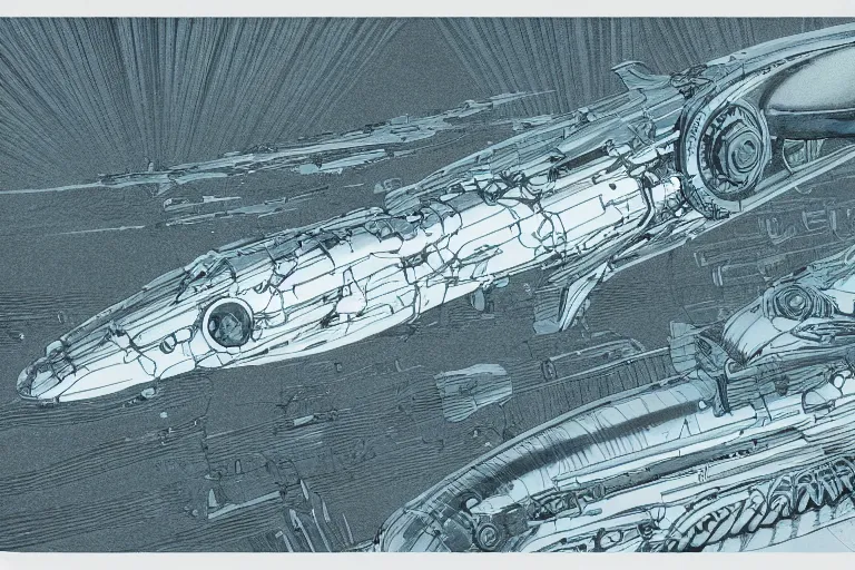 Image similar to risograph artwork of a biomechanical submarine underwater by Moebius and Alex Ross, intricately deteailed, trending on artstation