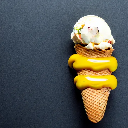 Image similar to commercial photo of a hot dog ice cream, mustard, ketchup,