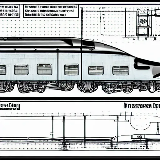 Image similar to blueprints for a nuclear powered train, high detail