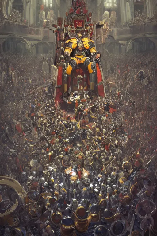 Image similar to Court warhammer harlequin surrounded by crowd, next to the king's throne, futuristic, oil on canvas, digital painting, artstation, concept art, smooth, sharp focus, illustration, artstation trending, perfect composition, golden ratio, beautiful detailed, cinematic, hyper realism, high detail, octane render, 8k, greg rutkowski very coherent symmetrical artwork