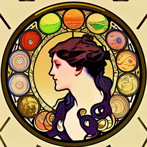 Prompt: beautiful solar system in the style of alphonse mucha, art nouveau, 4 k, hd - s 1 5 0