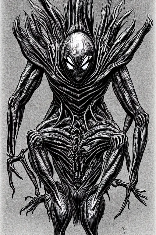 Image similar to spider humanoid figure monster, symmetrical, highly detailed, digital art, sharp focus, trending on art station, kentaro miura manga art style