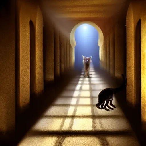 Prompt: a cat that is walking down a hallway, egyptian art by hanns katz, pixabay contest winner, magical realism, anamorphic lens flare, storybook illustration, matte painting