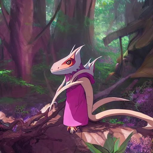 Image similar to concept art painting of an anthropomorphic anime style bearded dragon wearing magenta wizard robes, in the deep forest, realistic, detailed, cel shaded, in the style of makoto shinkai and greg rutkowski and james gurney