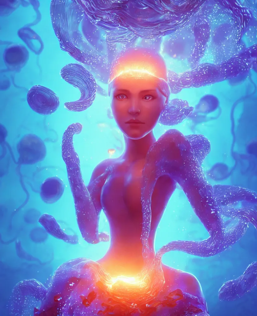 Prompt: close-up portrait of a face of beautiful princess floating in ethereum surrounded by floating jellyfish, energy flows of fire and water, flashes of plasma, 3d with depth of field, blurred background, a highly detailed epic cinematic concept art CG render. made in Maya, Blender and Photoshop, octane render, excellent composition, cinematic dystopian brutalist atmosphere, dynamic dramatic cinematic lighting, aesthetic, very inspirational, arthouse. y Greg Rutkowski, Ilya Kuvshinov, WLOP, Stanley Artgerm Lau, Ruan Jia and Fenghua Zhong