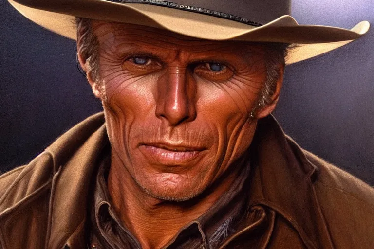 Prompt: poster portrait of peter weller as a black hat cowboy in pale rider ( 1 9 8 5 ). oil painting elegant, highly detailed, centered, digital painting, artstation, concept art, smooth, sharp focus, illustration, artgerm, tomasz alen kopera, peter mohrbacher, donato giancola, joseph christian leyendecker drew struzan