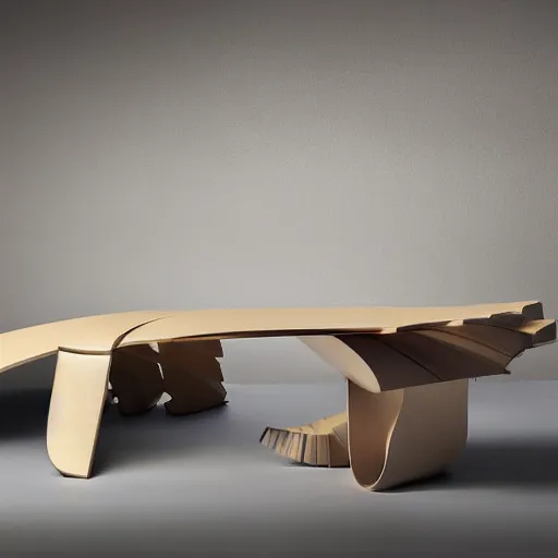 Prompt: futuristic wood table with surreal legs by frank gehry, brutalist style