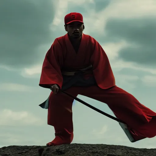 Image similar to cinematic film still of Chance The Rapper starring as a Samurai holding fire, Japanese CGI, VFX, 2022, 40mm lens, shallow depth of field, film photography