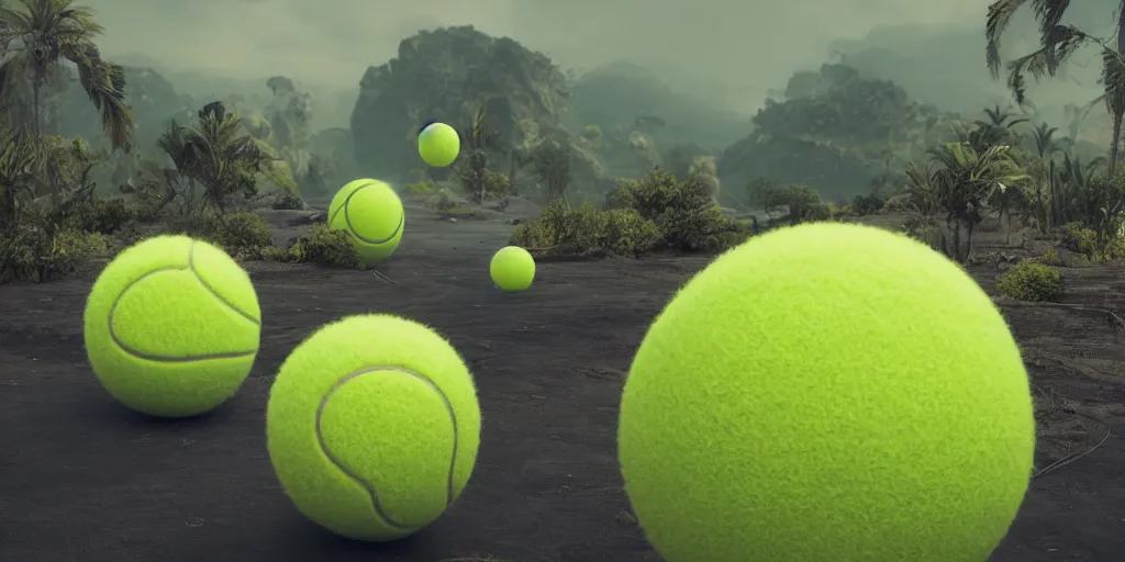 Prompt: a cinematic poster photo of 8 k ultra realistic monster tennis balls, tennis ball monsters, alien exotic, cinematic lighting, trending on artstation, 4 k, hyperrealistic, focused, high details, unreal engine 5, cinematic, alien planet atmosphere in background, 3 d render by beeple