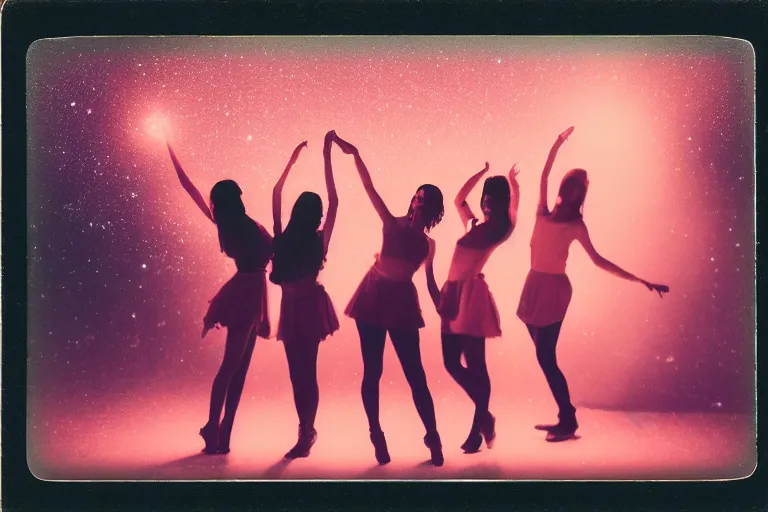 Prompt: blured shadows of dancing young women on pink light, close-up, focused background blue night sky with stars and orange campfire, polaroid photo