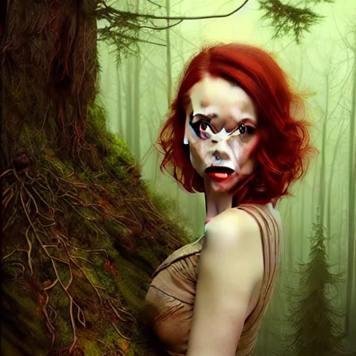 Prompt: gorgeous Kacey Rohl, realistic character concept, red hair, symmetrical face symmetrical eyes, green dress, forest, trees, medium shot, shorter neck, illustration, cinematic lighting, artgerm, Tom Bagshaw, Norman Rockwell, insanely detailed and intricate, beautiful