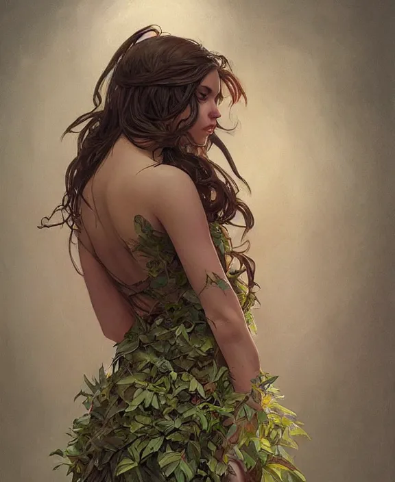 Prompt: teen girl in dress made of leaf, realistic portrait, highly detailed, digital painting, artstation, concept art, smooth, sharp focus, illustration, cinematic lighting, art by artgerm and greg rutkowski and alphonse mucha and boris vallejo and frank frazetta