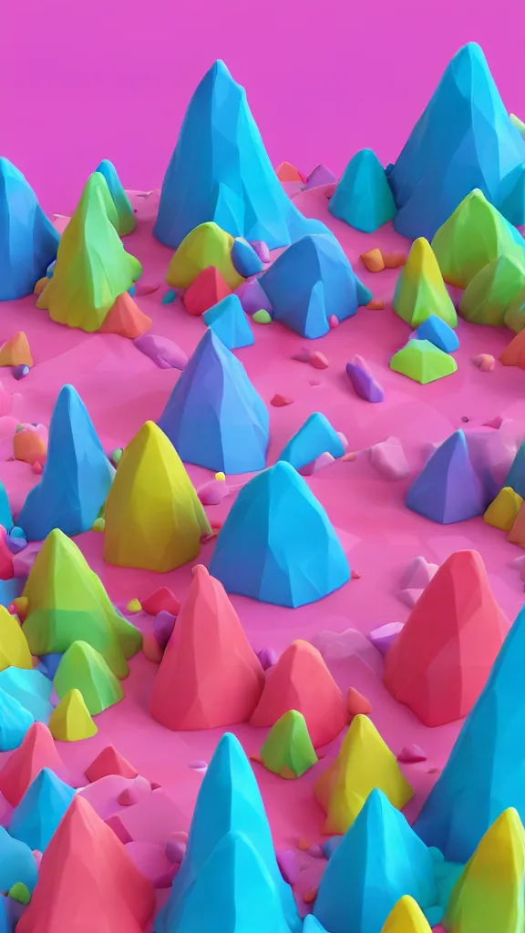 Prompt: a lone single matte 3 d low poly mountain covered in sprinkles and frosting, vibrant colors, lat lighting, cute isometric 3 d render, candyland, highly detailed, trending on artstation, iphone wallpaper