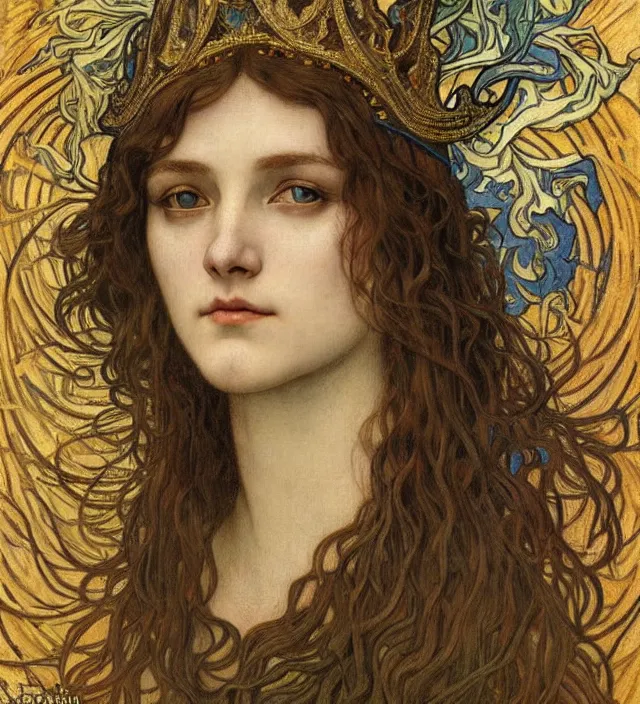 Image similar to detailed realistic beautiful young medieval queen face portrait by jean delville, alphonse mucha, vincent van gogh, and marco mazzoni, art nouveau, symbolist, visionary, gothic, pre - raphaelite