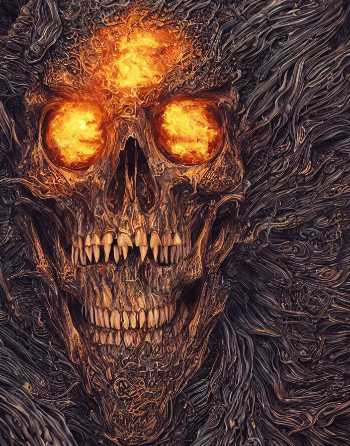 Image similar to portrait of a monster skull. thousands of teeth. burning water distortions. intricate abstract. intricate artwork. by Tooth Wu, wlop, beeple, dan mumford. octane render, trending on artstation, greg rutkowski very coherent symmetrical artwork. cinematic, hyper realism, high detail, octane render, 8k, depth of field, bokeh. iridescent accents