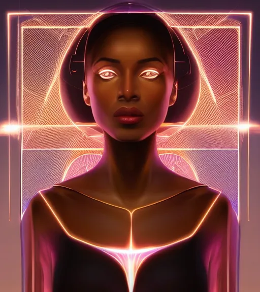 Image similar to symmetry!! egyptian princess of technology, solid cube of light, hard edges, product render retro - futuristic poster scifi, lasers and neon circuits, beautiful brown skin woman egyptian princess, intricate, elegant, highly detailed, digital painting, artstation, concept art, smooth, sharp focus, illustration, dreamlike, art by artgerm