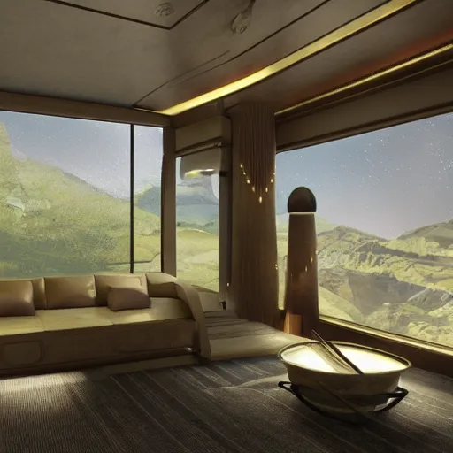 Image similar to neat cannabis space, luxury interior by neville page, ralph mcquarrie, global illumination, radiant light