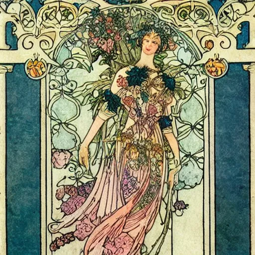 Image similar to a floral fantasy illustration by walter crane, edmund dulac, arthur rackham, and mucha